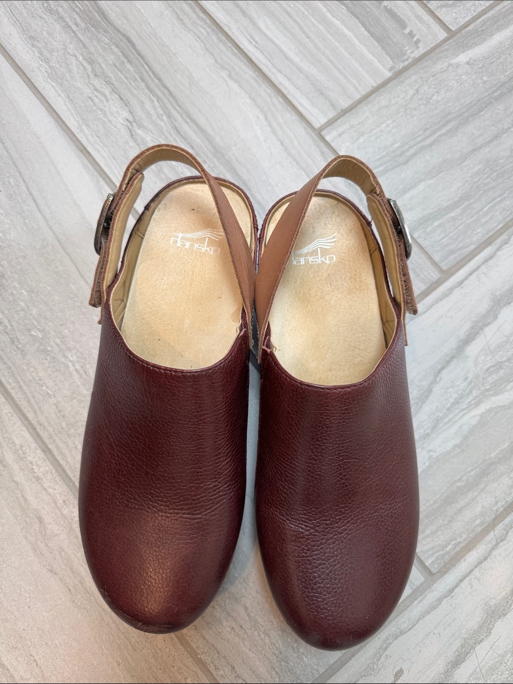 Dansko Burgundy Leather Slingback Clogs with Tan Strap